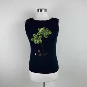 Lucia Burns Black Green Knit Sequin Beaded Palmetto Tree Tropical Blouse Top